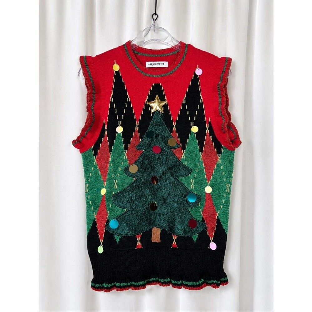 99 Jane Street Christmas Tree Metallic Red Black Festive Ruffle Sweater Vest